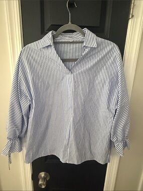 Blue and White Striped Tie-Sleeve Women's Blouse